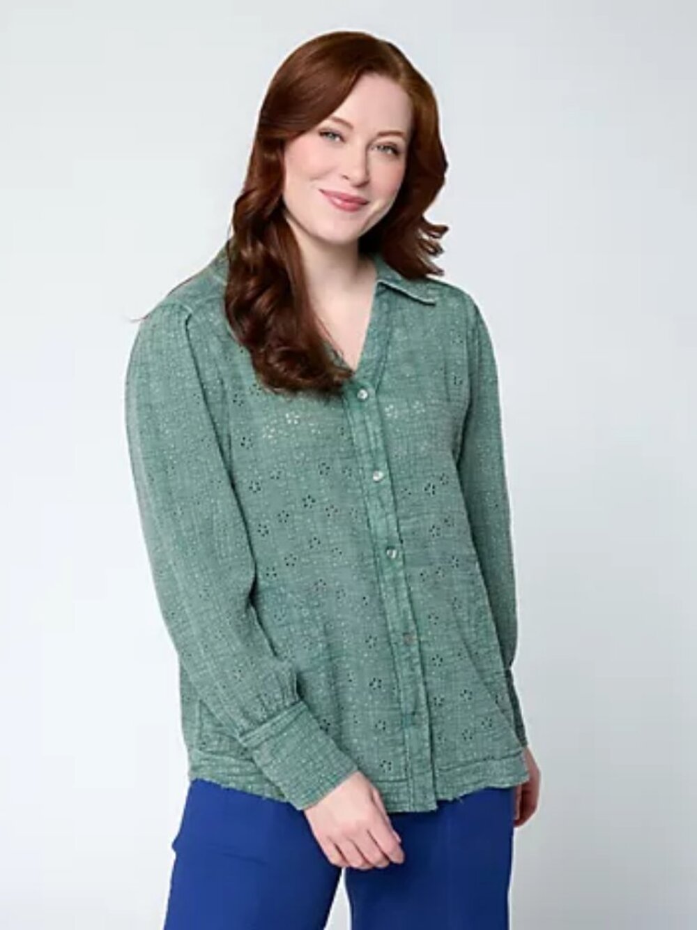 LOGO by Lori Goldstein Overdye Button Front Eyelet Shirt, Green Sz 2X a724787